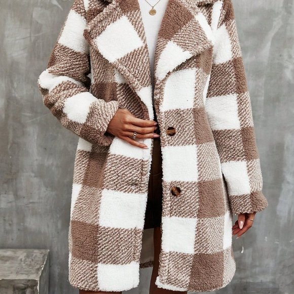 Brown Preppy Womens Buffalo Plaid Pattern Lapel Neck Teddy Coat - Picture 6 of 6